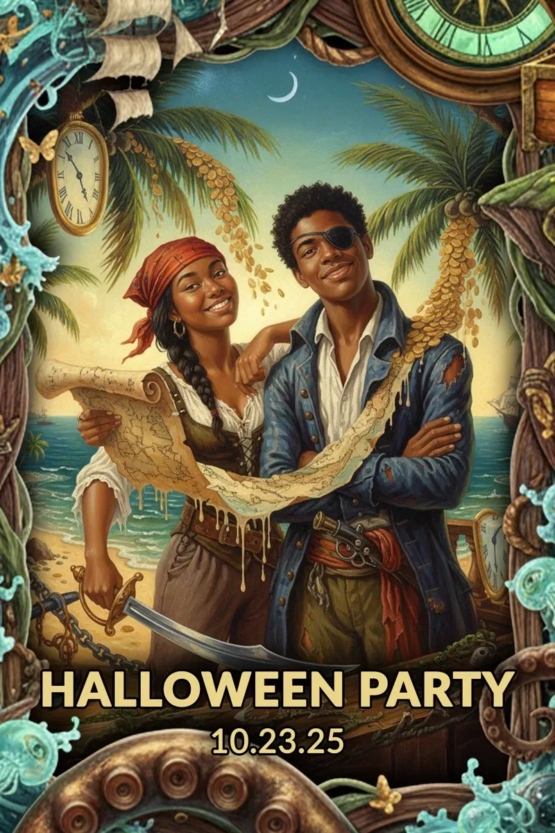 KI-Porträt des Paares als Piraten auf einer Halloween-Party